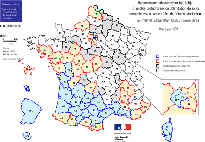 Carte des departements infestes ayant fait l'objet d'arretes prefectoraux de delimitation de zones contamines ou suceptible de l'etre a court terme